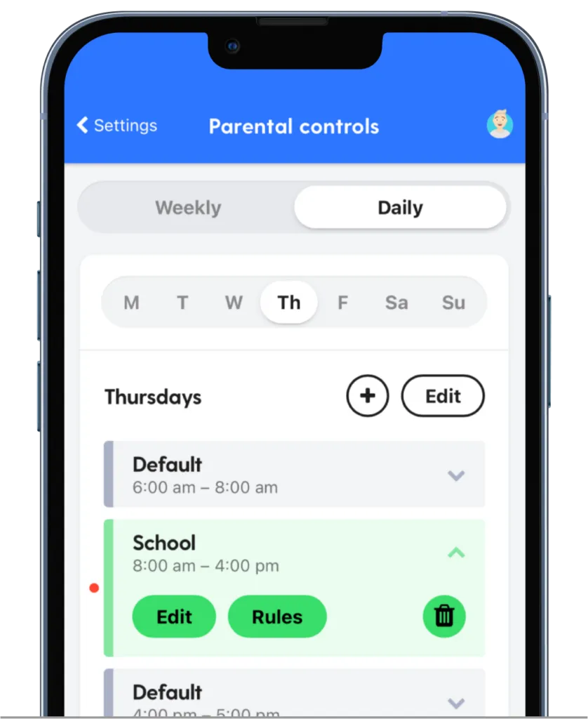 Bark screen time schedules Bark’s child phone schedule feature showing that internet access is cut off on their child’s phone during school hours